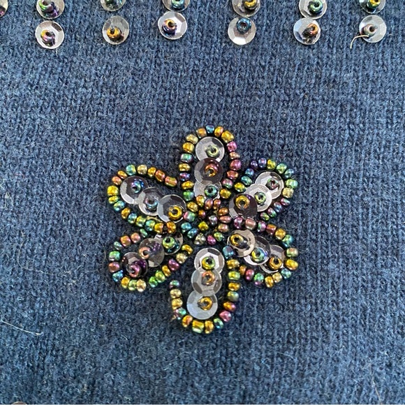 Vtg Christina Navy Polka Dot Floral Beaded Wool Sweater Grandmacore Womens Sz M - Picture 5 of 12